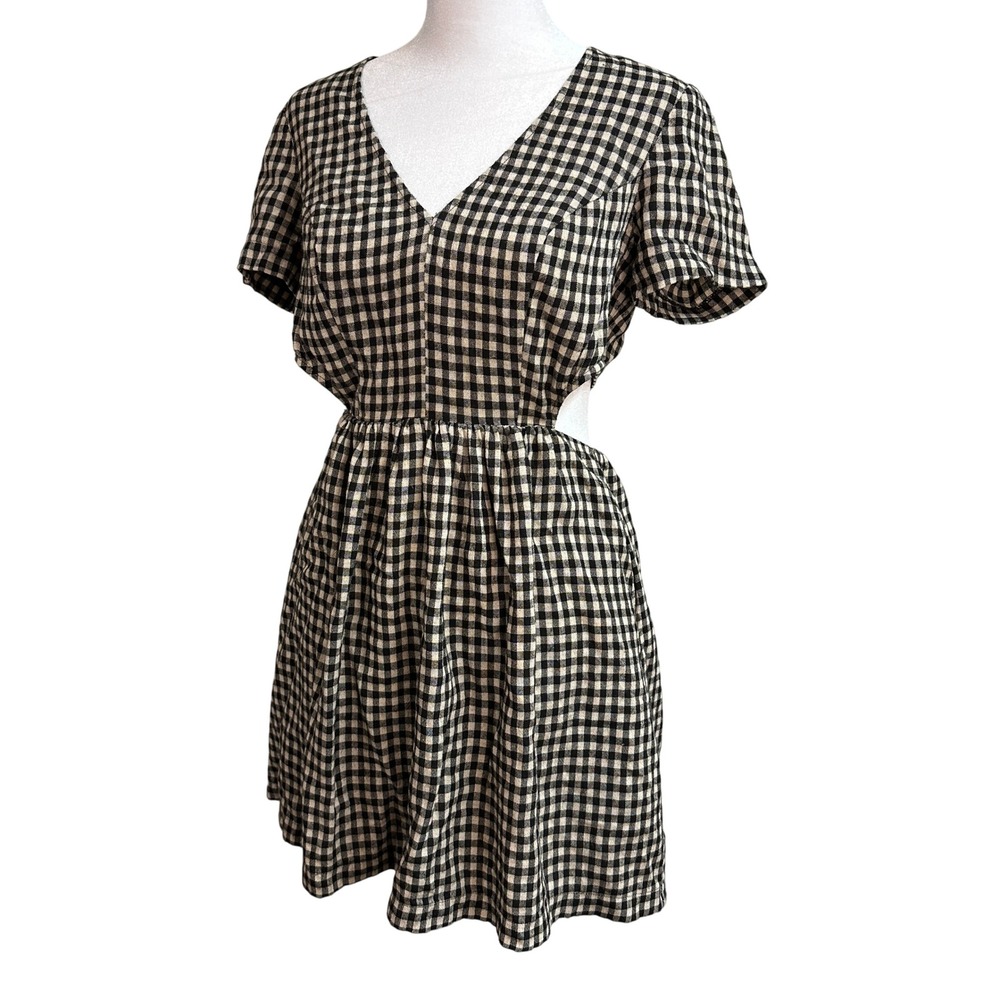 Reformation‎ Black White Gingham Cutout Mini Dress Size 2 V Neck Deadstock